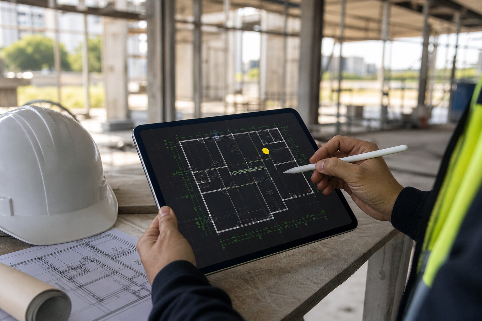 iPad field review scene with a DWG drawing, a note marker, a measurement cue, and a clean export-ready context