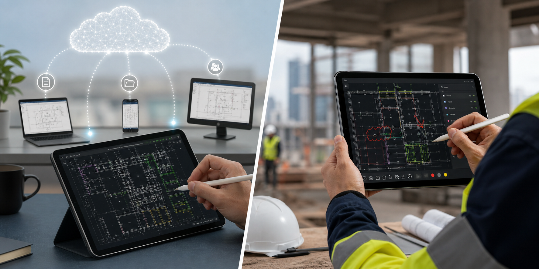 Editorial illustration comparing a broad cloud CAD workflow with a local iPad field review workflow