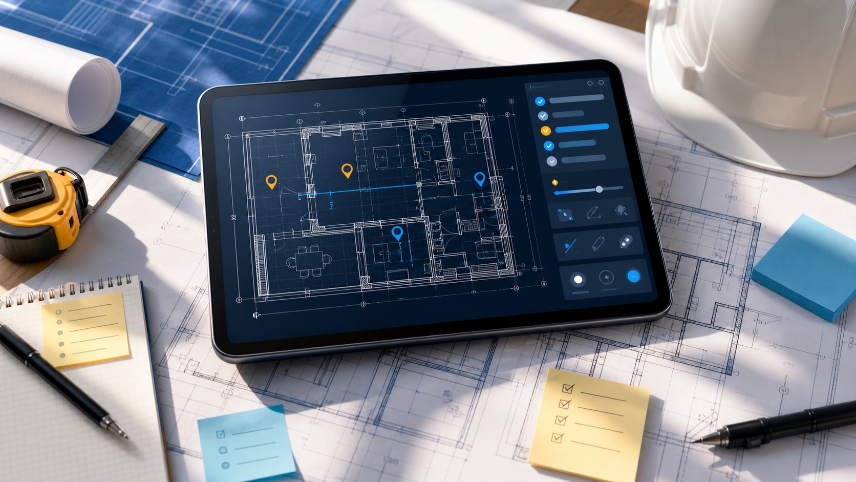 Tablet showing a CAD inspection checklist on top of construction drawings