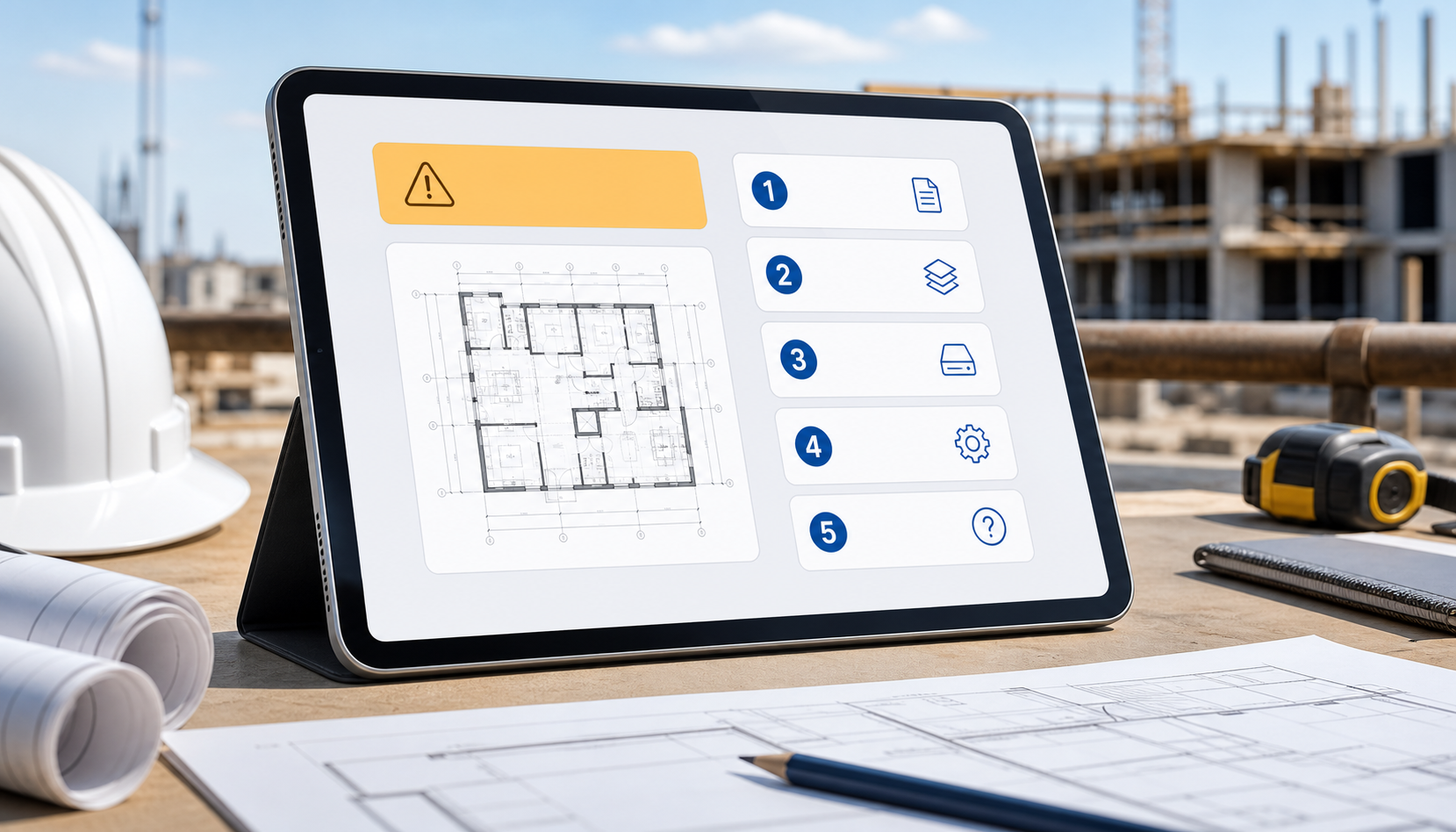iPad showing a DWG import warning beside a simple troubleshooting checklist on a construction desk