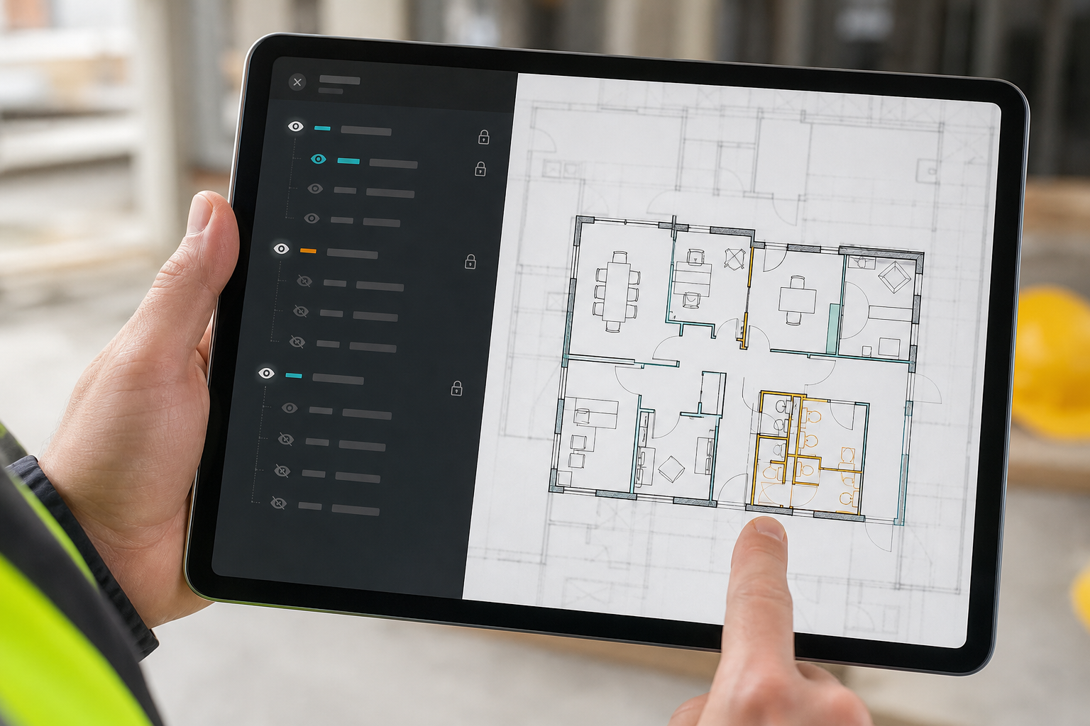 iPad field review scene with a DWG floor plan and a layer panel isolating a smaller set of relevant layers