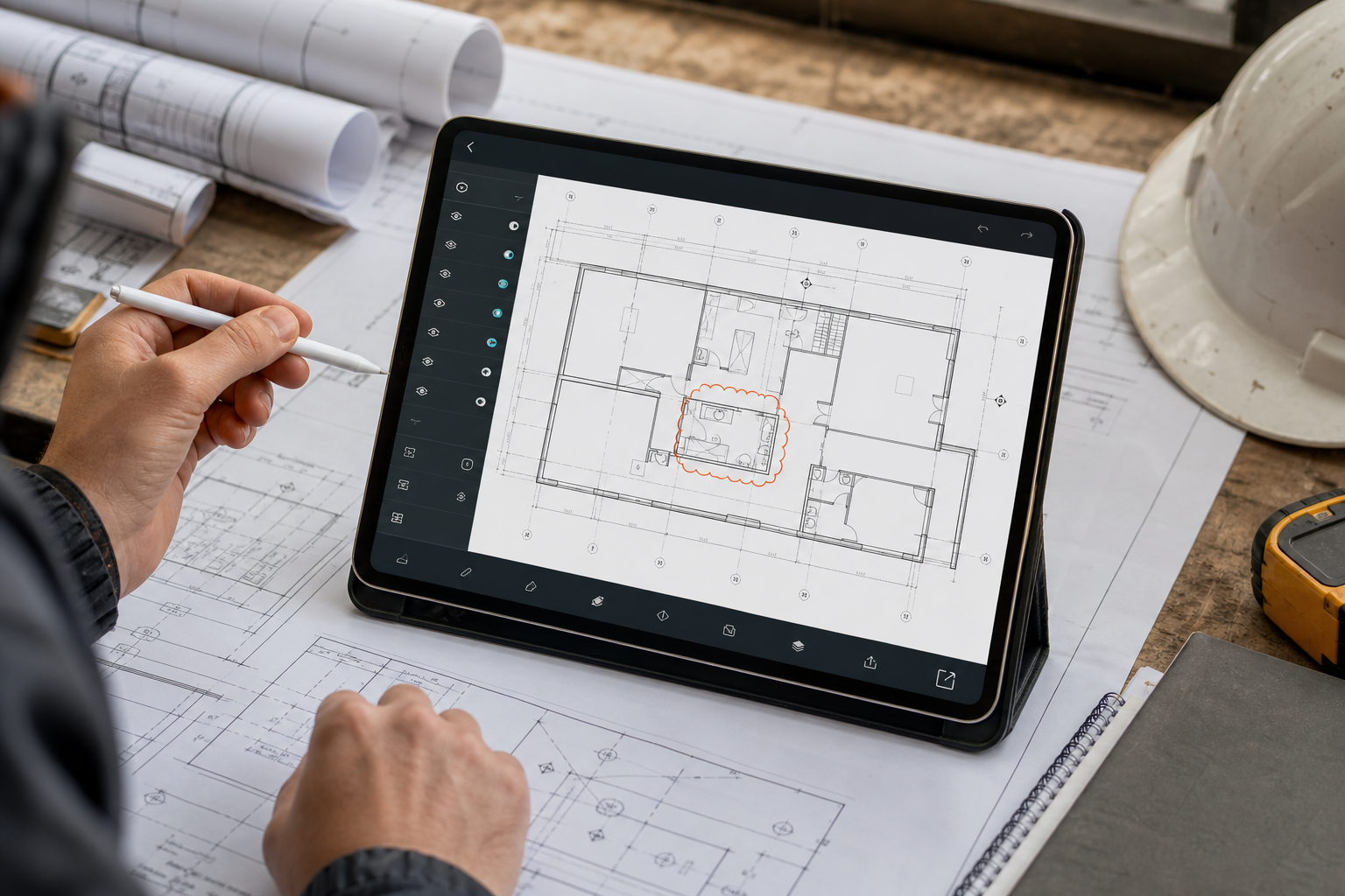 Workflow scene from local DWG import on iPad to layer cleanup, note placement, and a clean export handoff