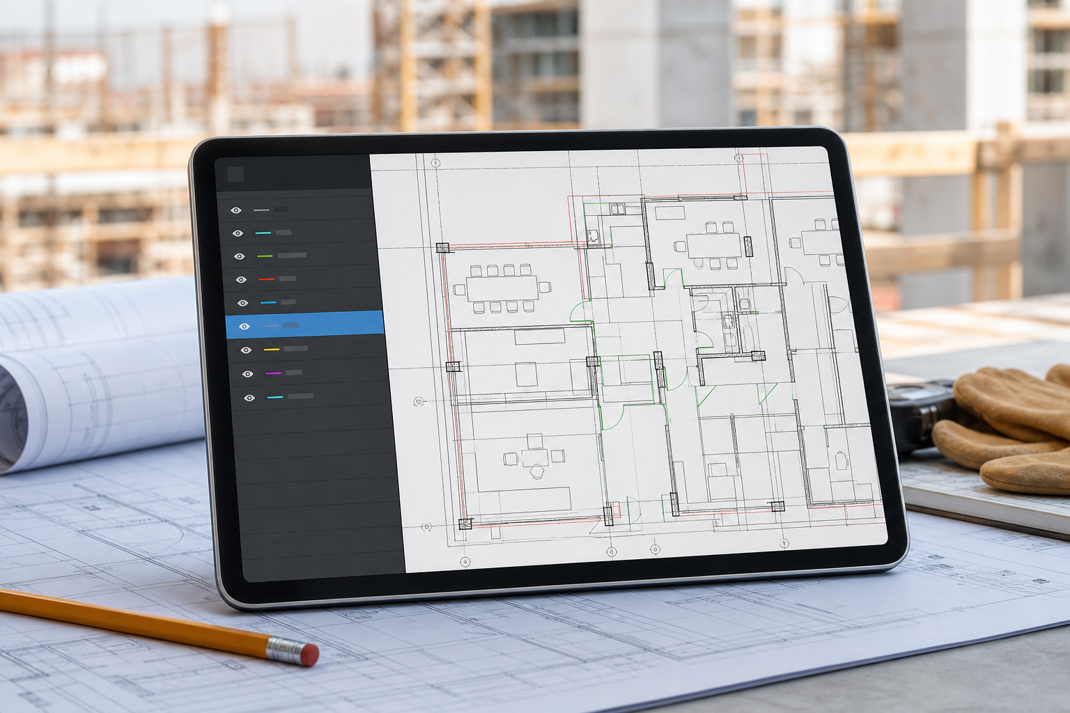 iPad showing a dense DWG drawing with a layer panel isolating the relevant construction layers on a site desk