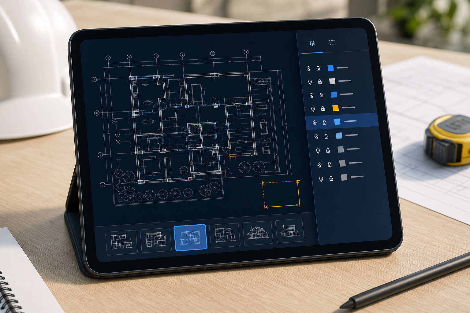 iPad showing a DWG with visible layout tabs, a layer panel, and a measurement cue for diagnosing context issues
