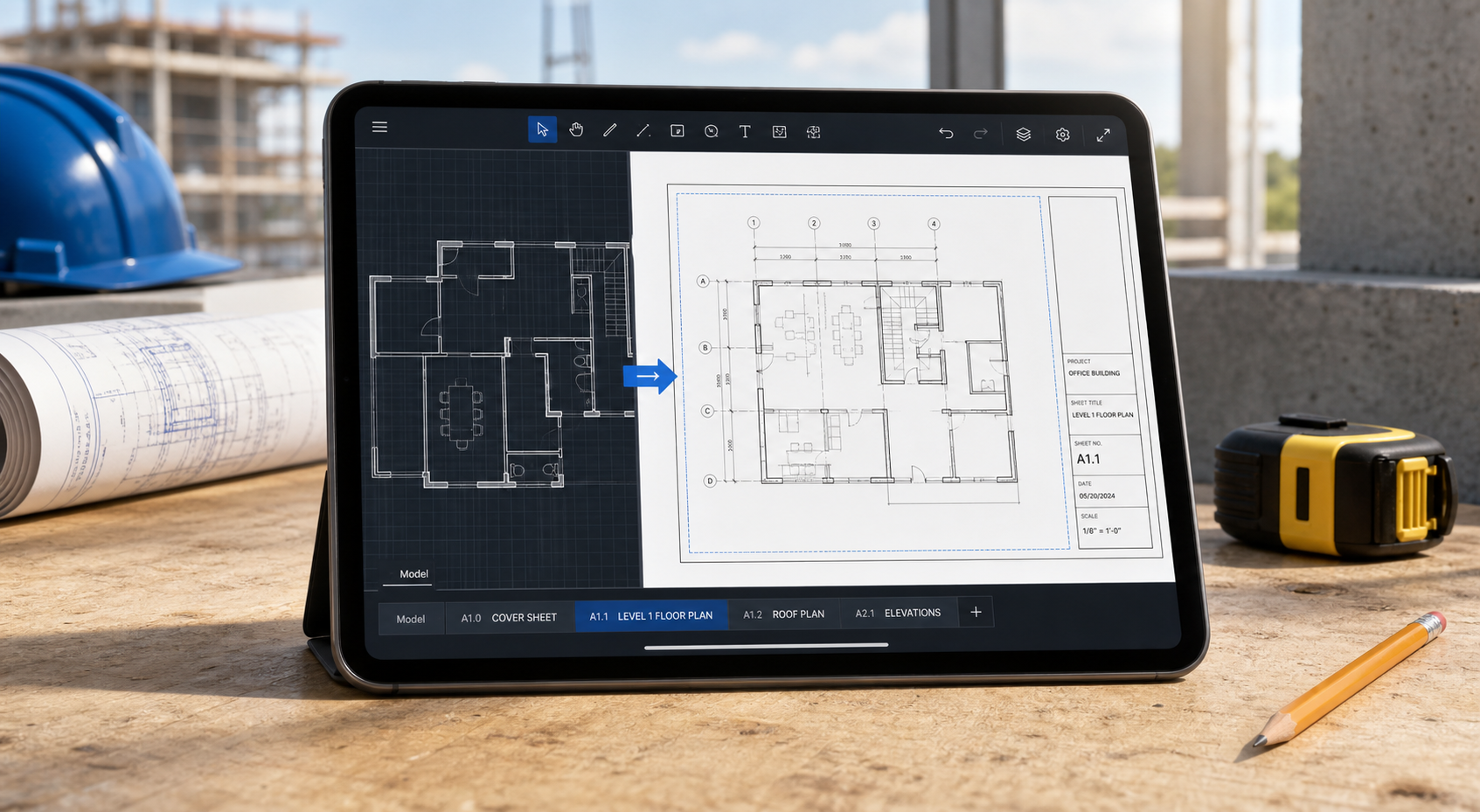 iPad showing a DWG floor plan with visible layout tabs and a switch from model space to a sheet layout