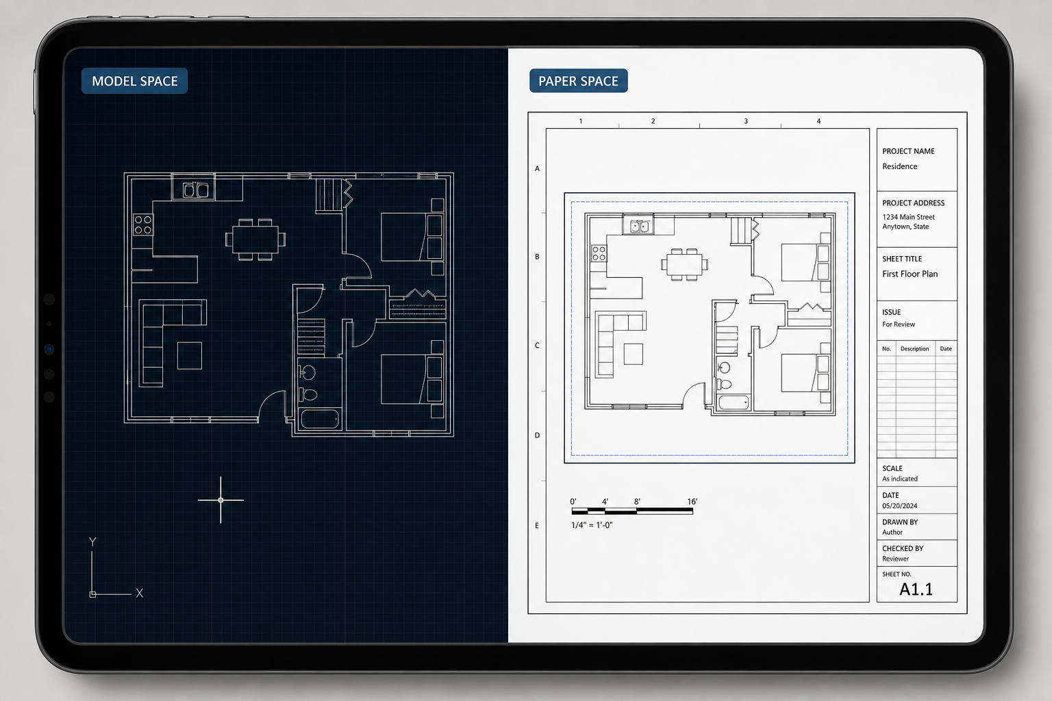 Comparison image showing model space geometry on one side and sheet-based paper space layout on the other side of an iPad CAD workflow