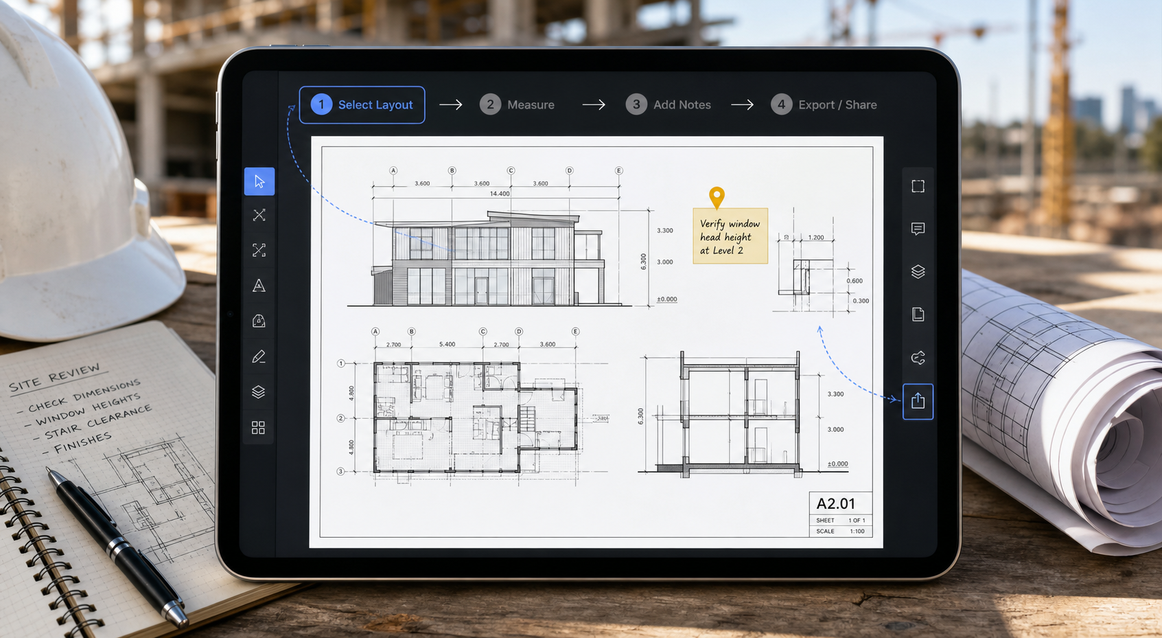 PlanInspect workflow scene showing layout switching on iPad followed by measurement, note capture, and sheet-ready export