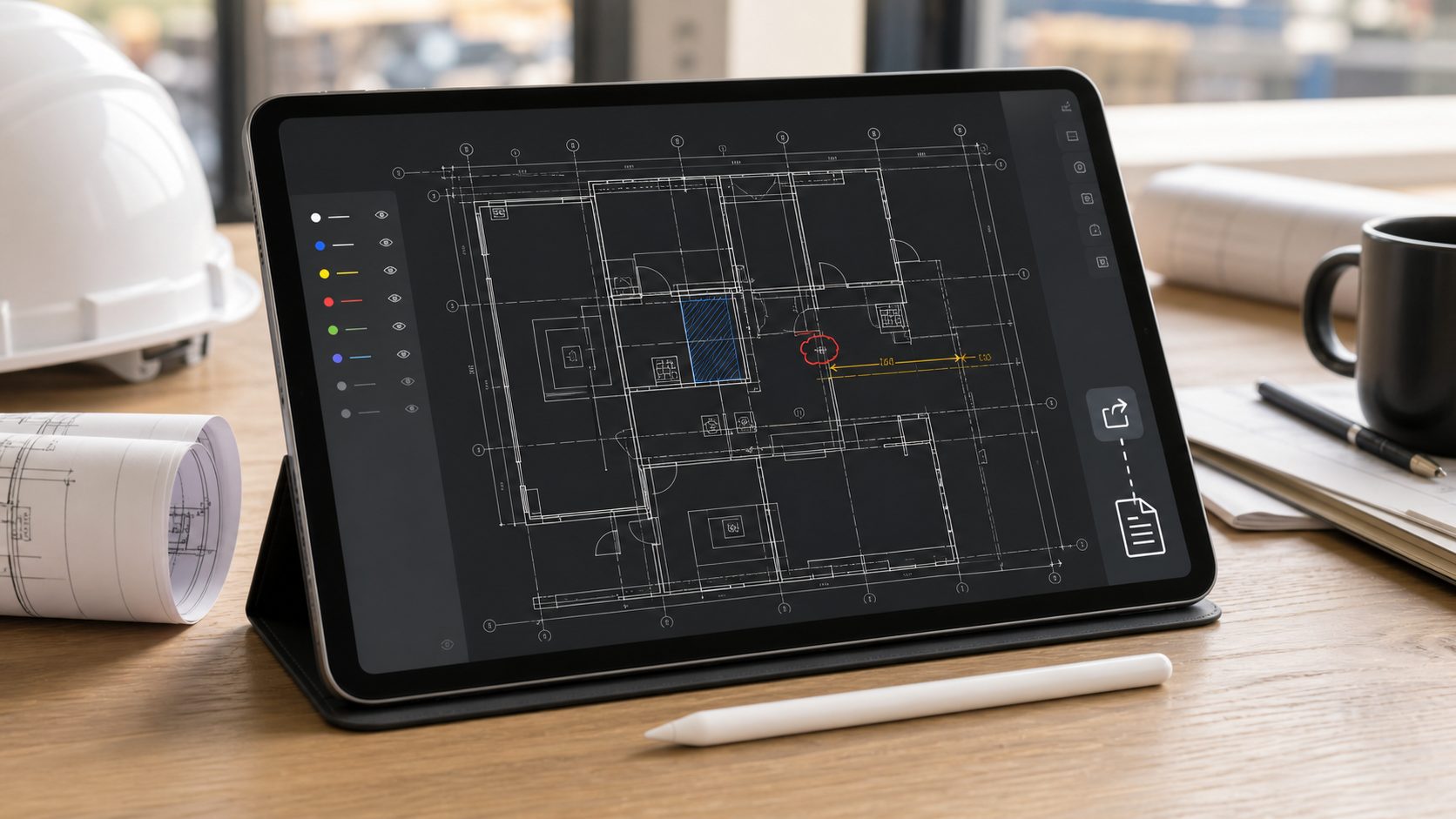 Local iPad DWG workflow showing file import, layer review, measurement, note capture, and report export