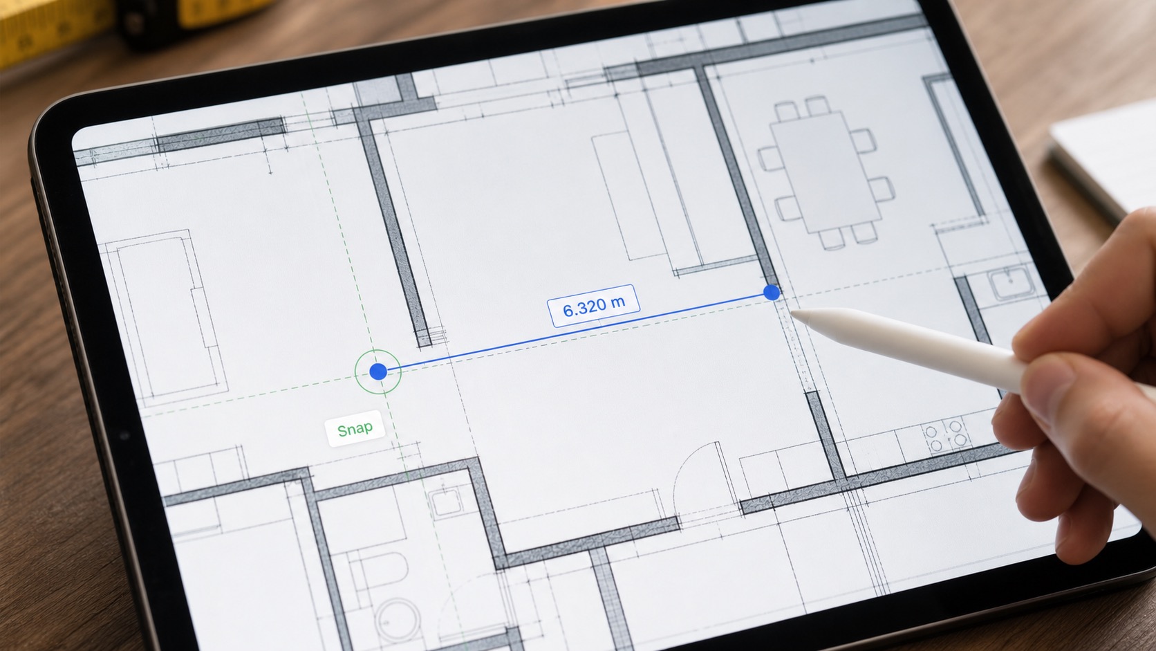 Close-up of an iPad floor plan with two measurement points, a distance label, and a subtle snap indicator