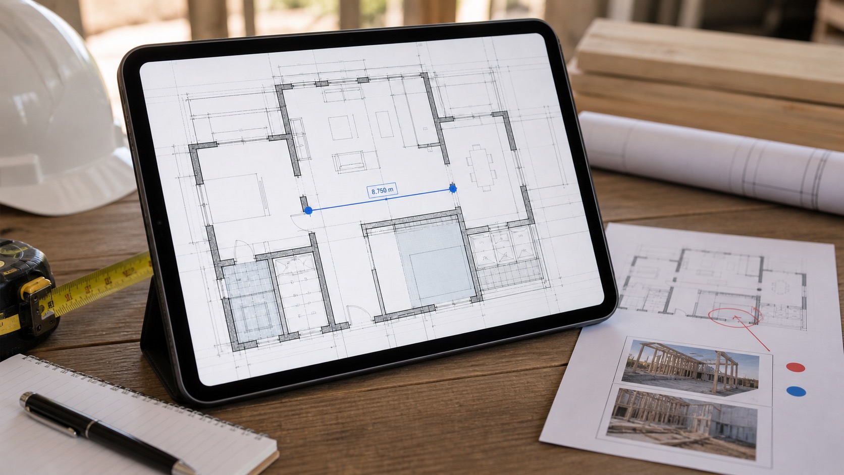 iPad showing a measured floor plan next to a simple field review sheet that suggests sharing or following up on the result