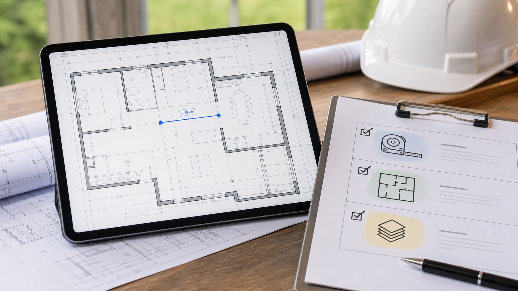 iPad with a measured floor plan next to a simple checklist board about units, plan context, and layer review