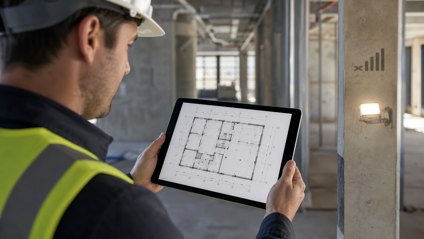 iPad reviewing a DWG on site while network bars are weak and the drawing remains accessible locally