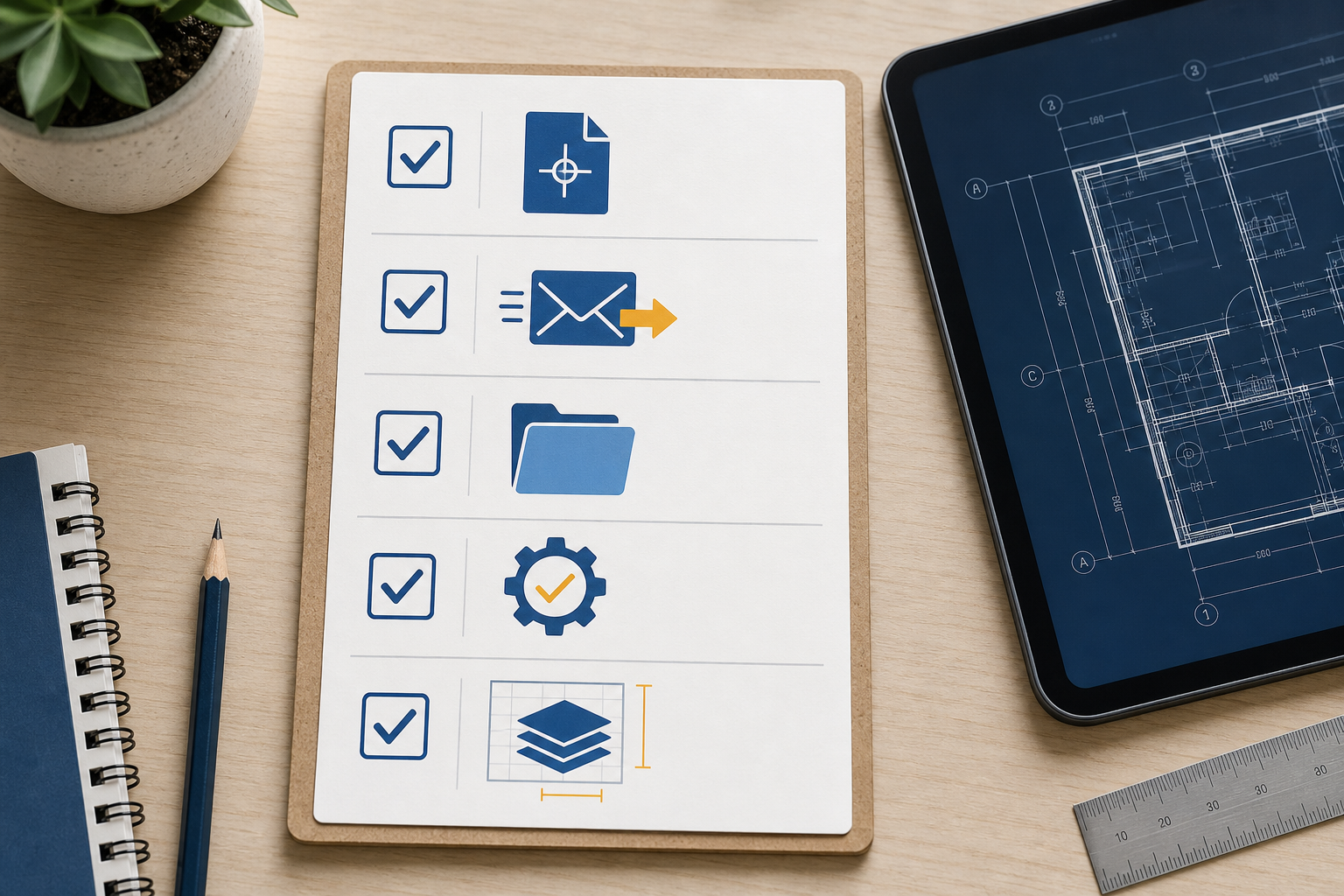 iPad on a field desk with a DWG warning state and a five-step troubleshooting checklist