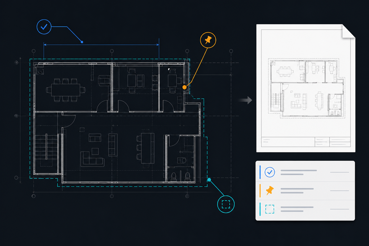 Final Mac DWG quality check connecting a verified measurement and pinned note to PDF and notes-report outputs