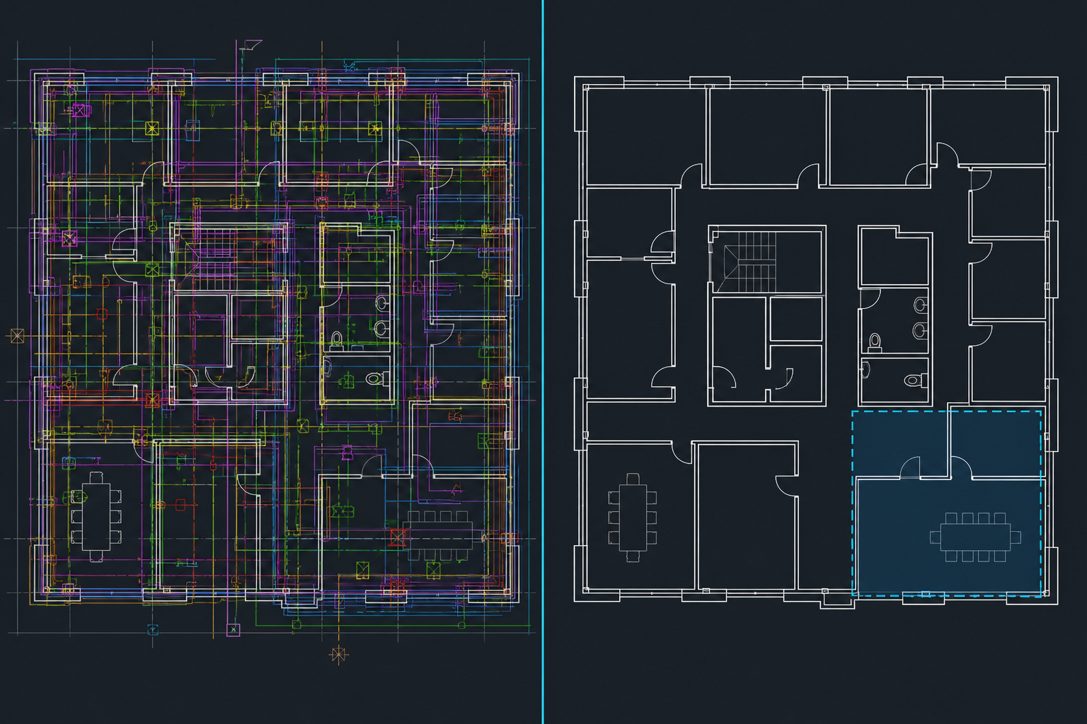 Before-and-after floor plan showing dense DWG layers beside a simplified Mac review view