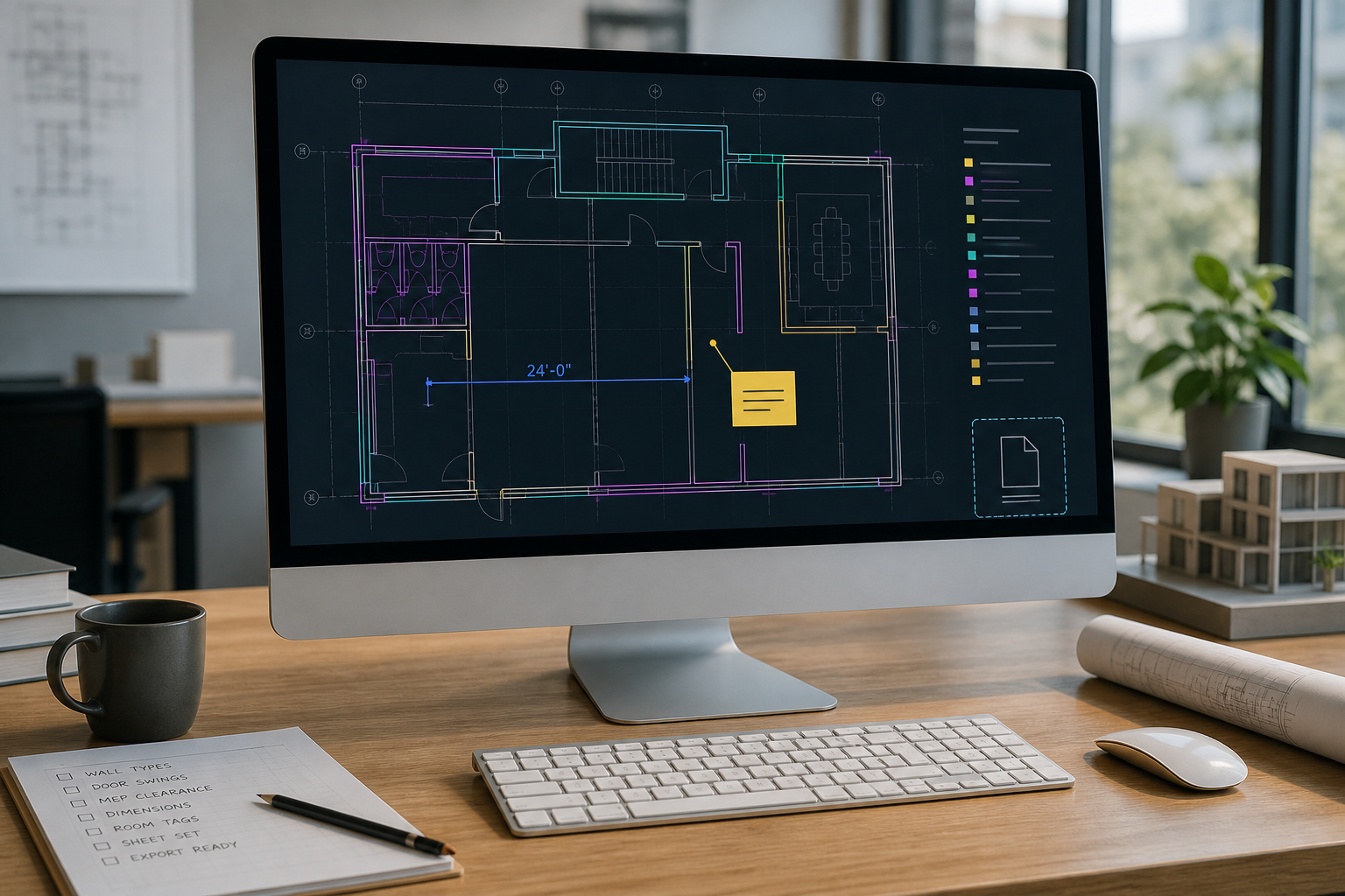 Mac desk review of a DWG plan with a measurement, review note, and export-ready checklist