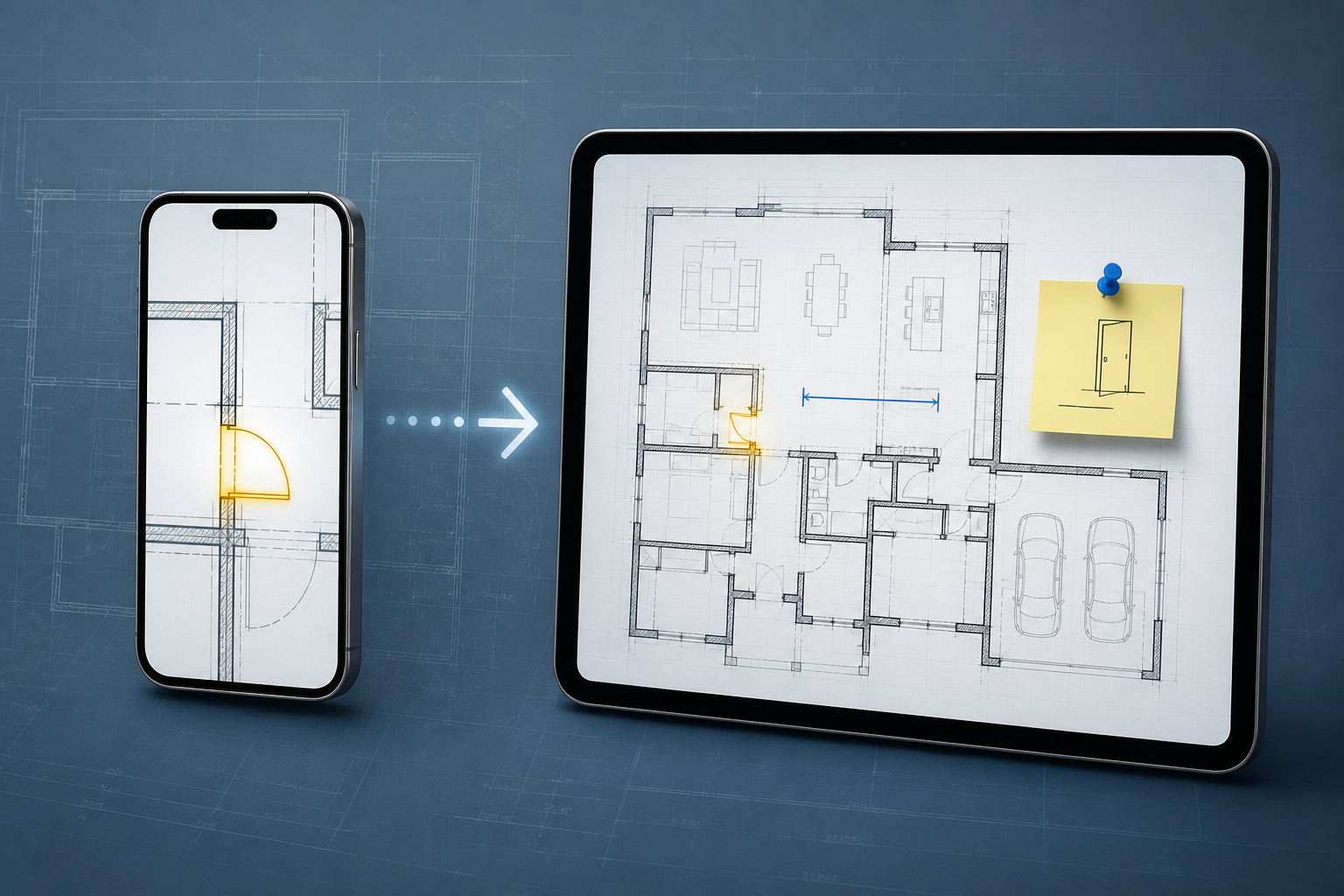 Visual comparison of a close-up drawing detail on iPhone and a full floor-plan review on iPad