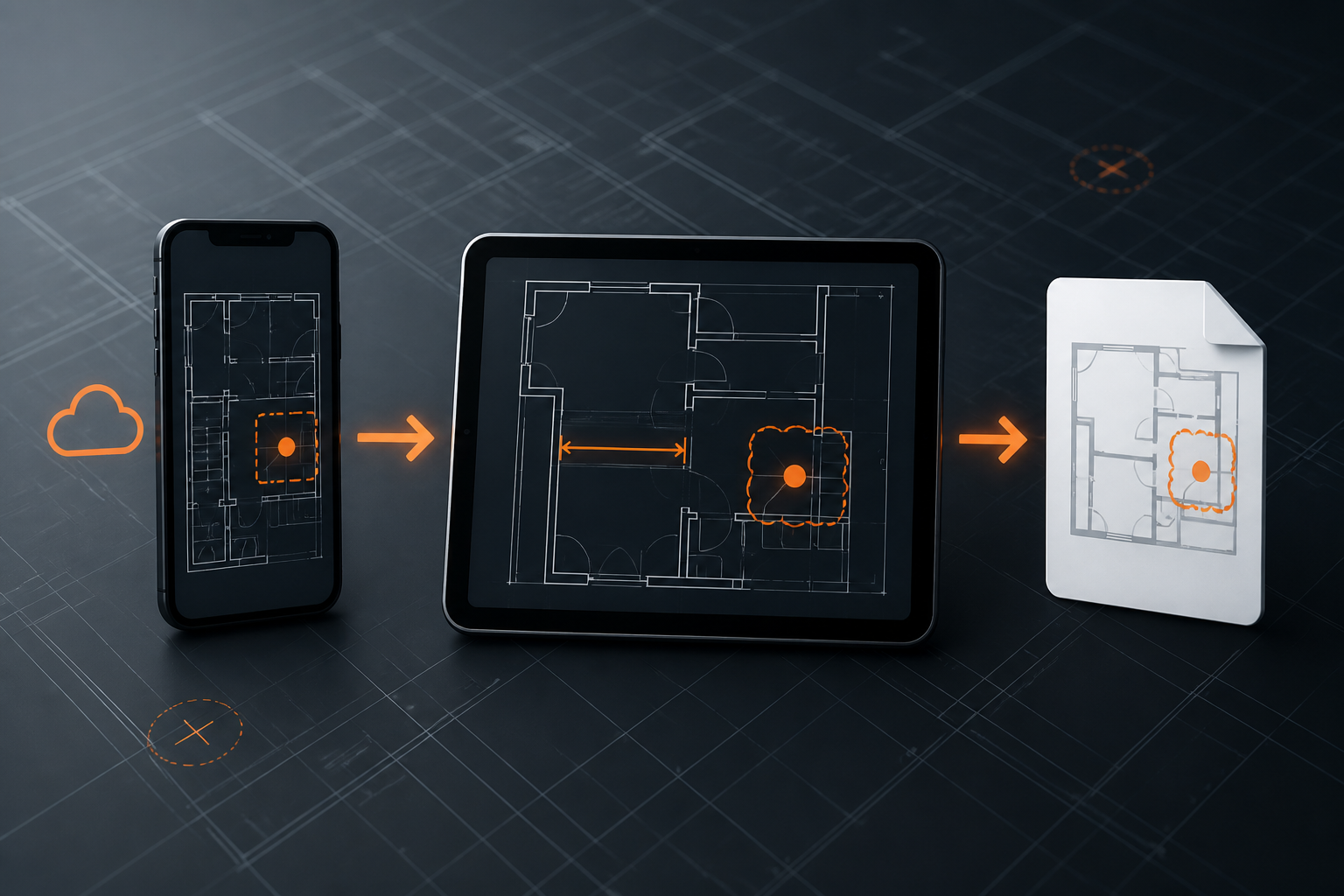 Workflow diagram showing a local drawing on iPhone moving to iPad review and then to a deliberate exported handoff