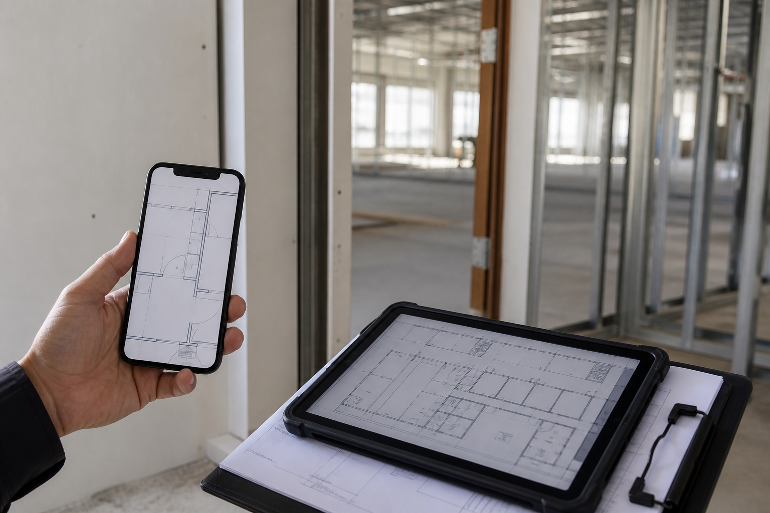 Construction reviewer using an iPhone for a plan detail while an iPad waits on a clipboard for a wider review