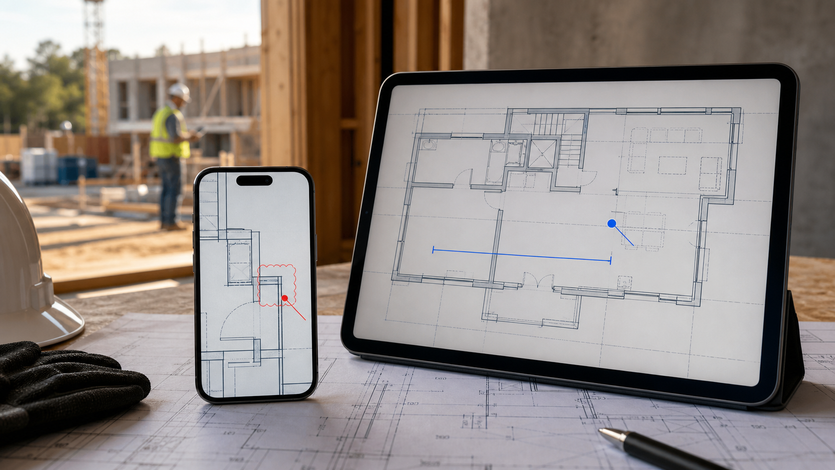 iPhone quick DWG check beside an iPad showing a wider measured floor plan