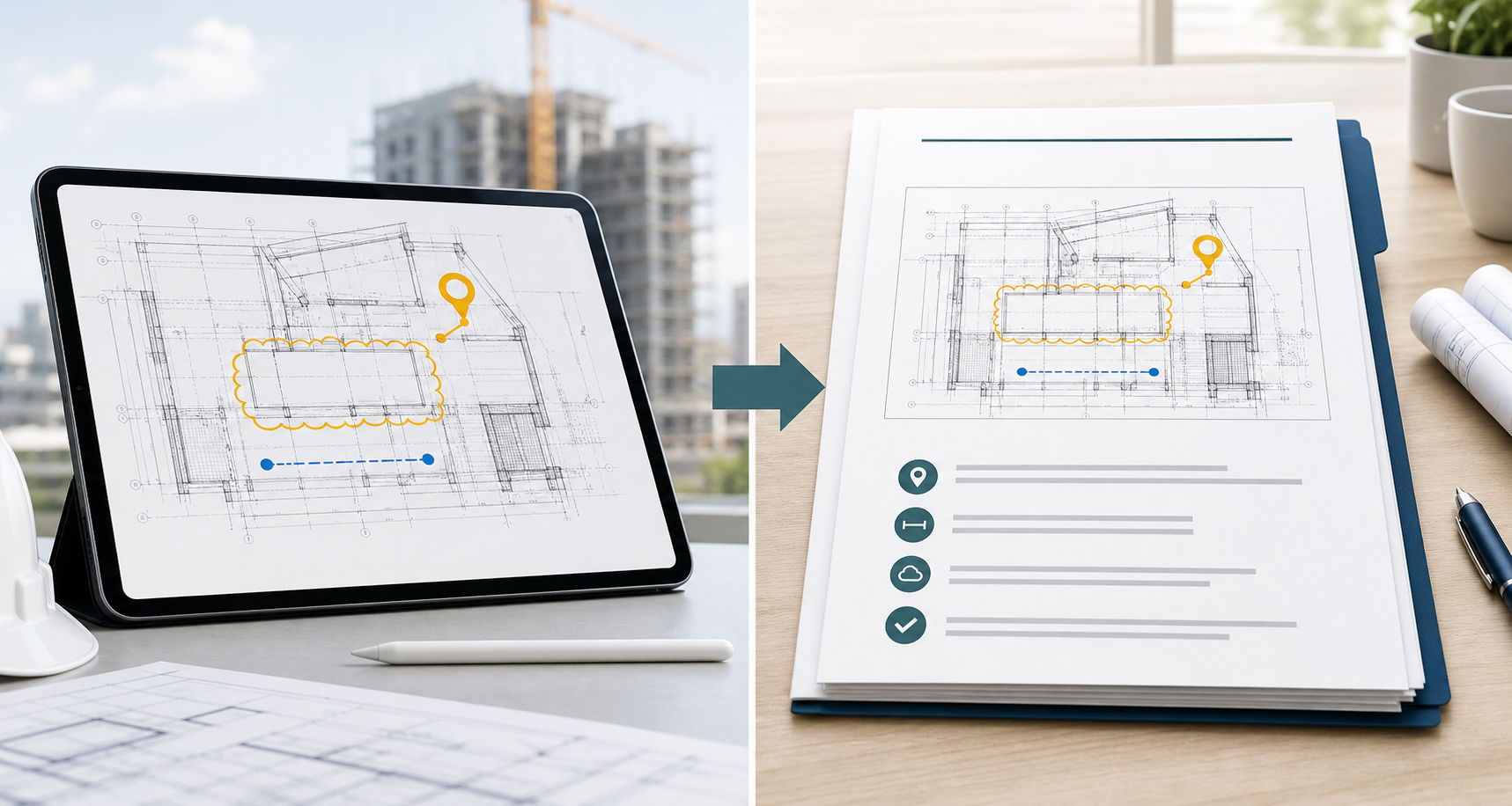Editorial split scene showing iPad DWG review on one side and a clean exported PDF or report handoff on the other