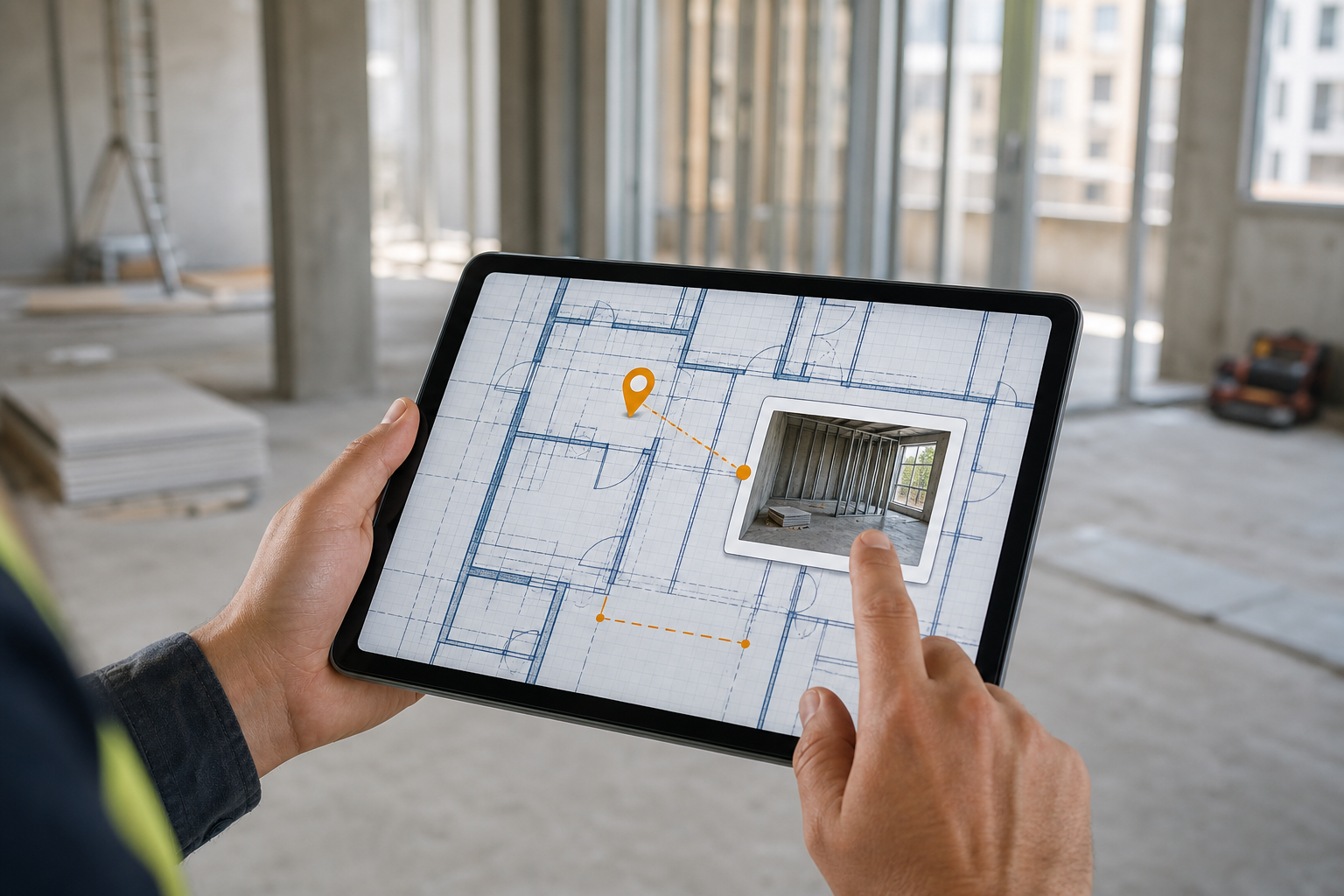 iPad construction walkthrough scene with a DWG plan, one note pin, one photo evidence cue, and a measurement marker