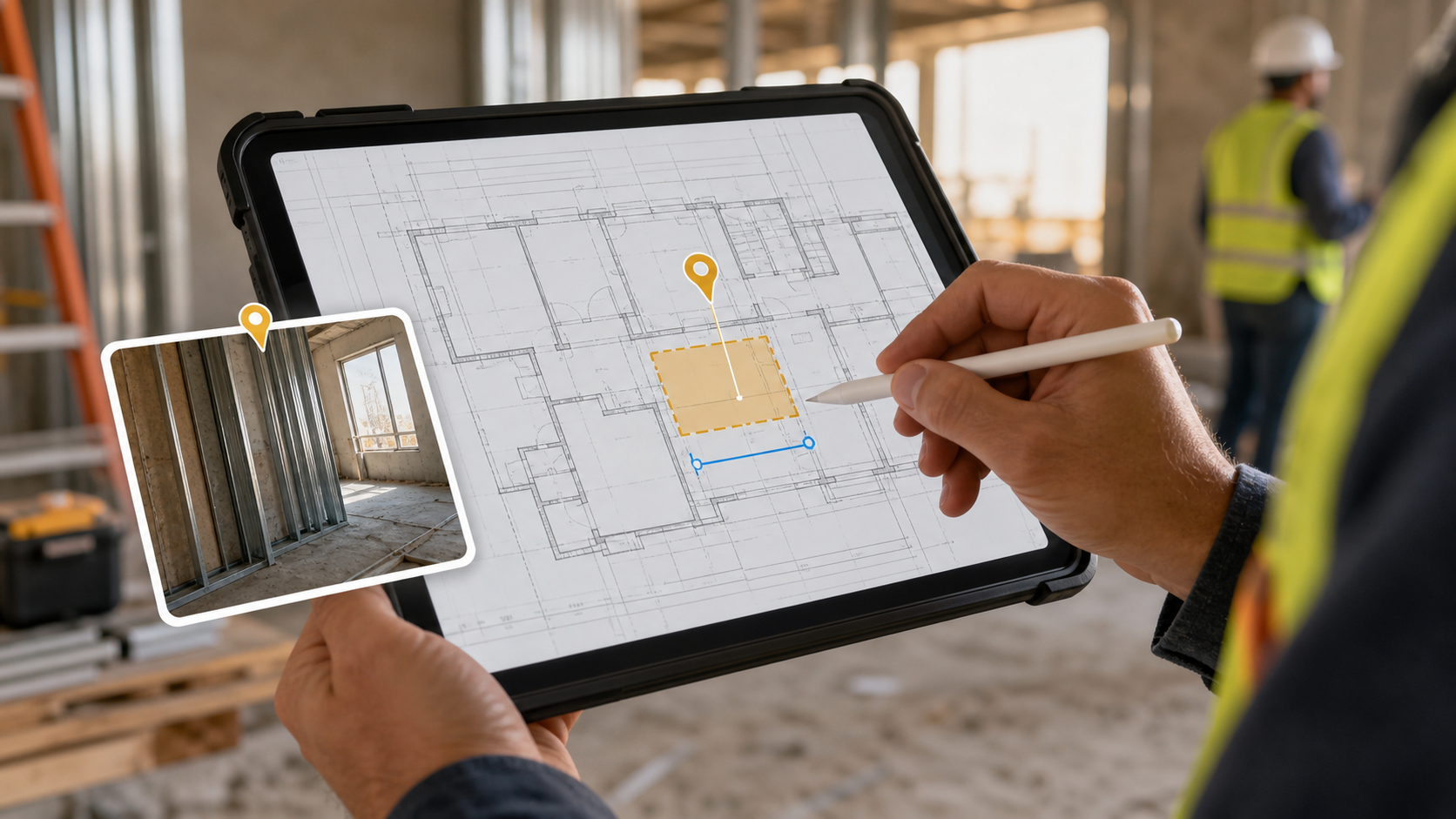 Construction walkthrough on iPad with a DWG drawing, the right layout selected, a highlighted detail, and one site note marker