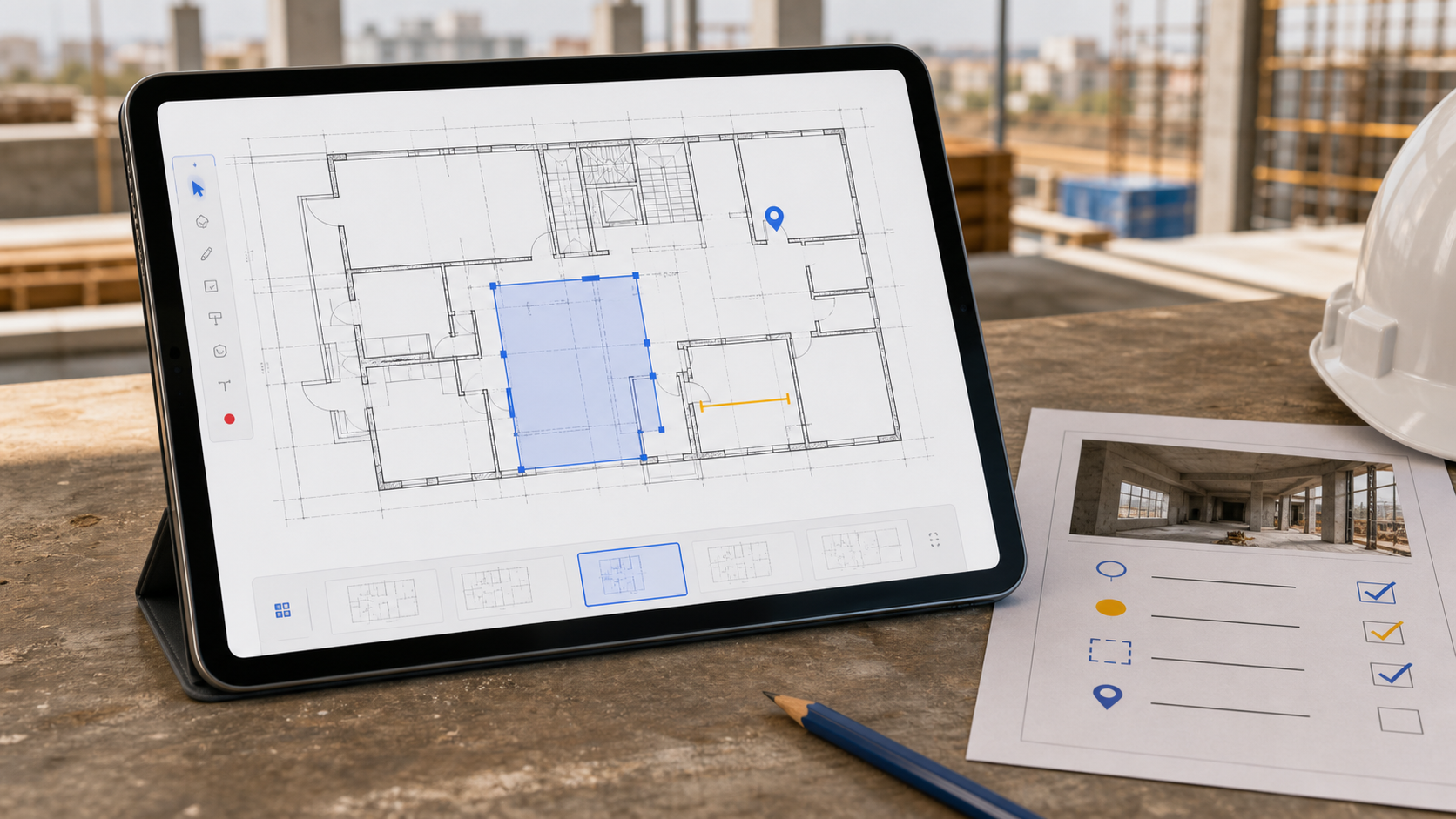 iPad construction walkthrough showing a DWG plan, layer controls, a site note marker, and a report handoff
