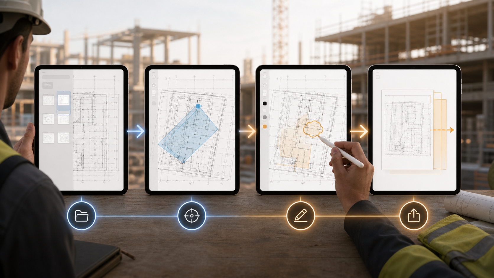 Stage map for an iPad DWG site walkthrough from opening the drawing to final handoff