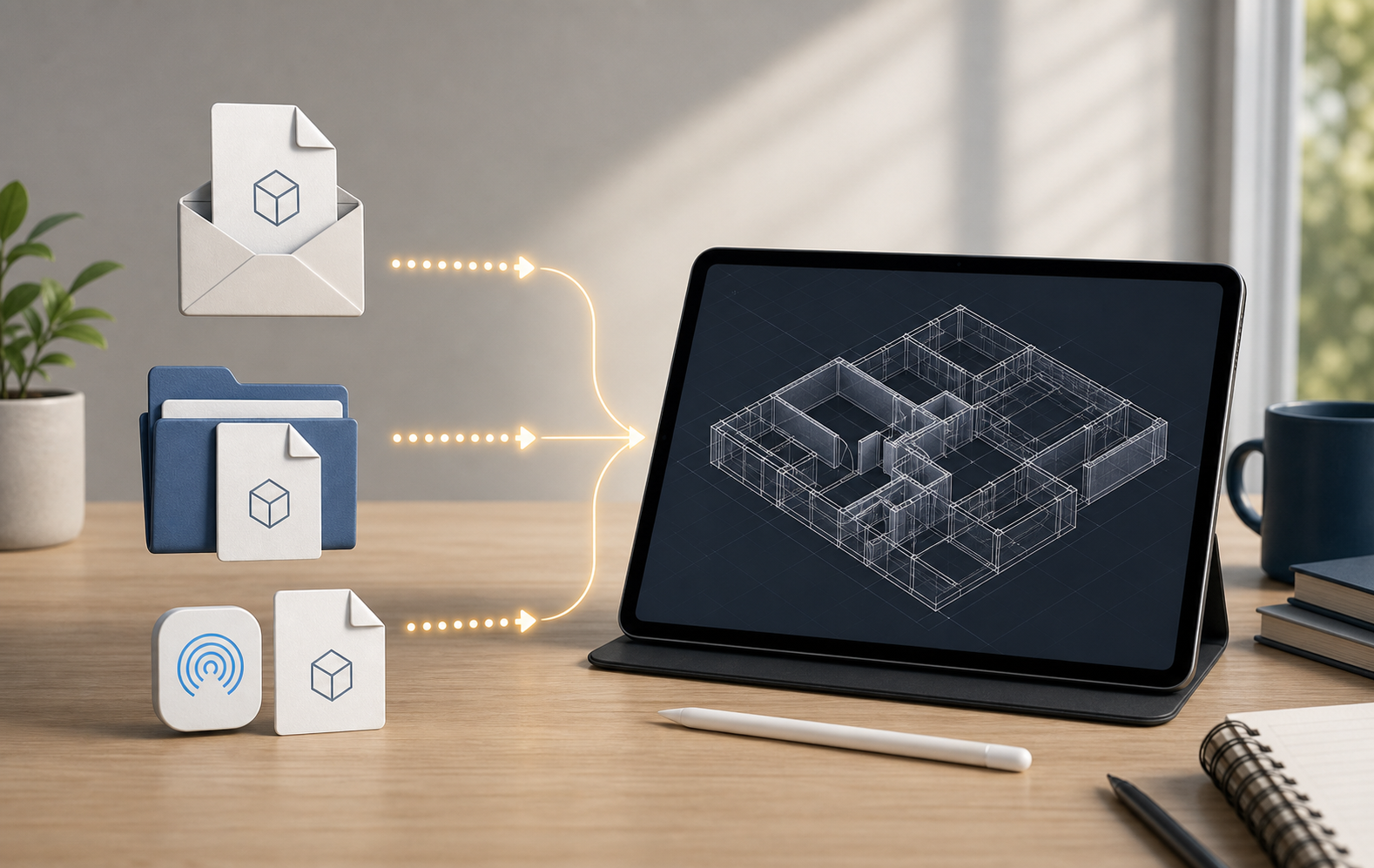 Illustration of a DWG being resent to an iPad through Files, AirDrop, and Mail before reopening