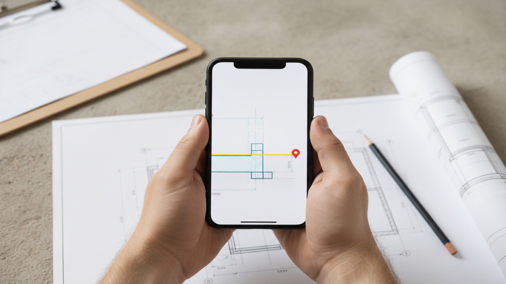 iPhone showing a DWG floor plan detail in a field review setting