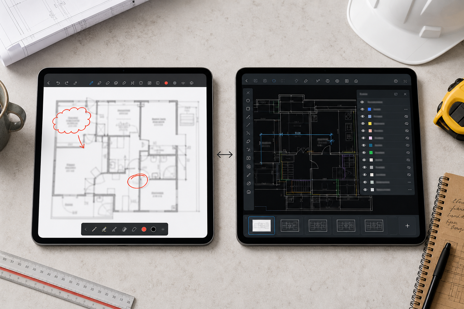 Side-by-side comparison showing context preserved in a DWG review versus context lost after flattening to PDF on iPad