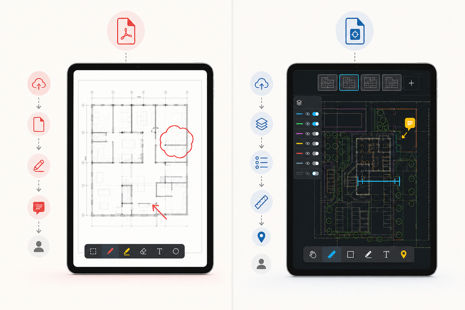 Decision map comparing PDF review and DWG review on iPad for site work