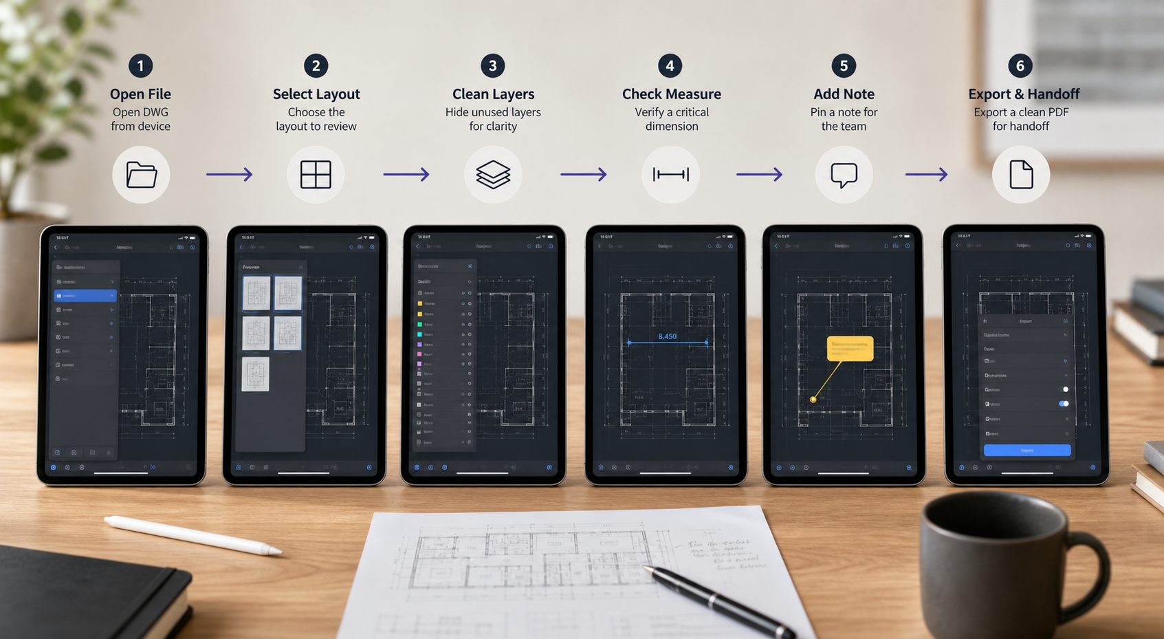 iPad DWG review workflow showing local file open, layout selection, layer cleanup, measurement, note placement, and final PDF handoff