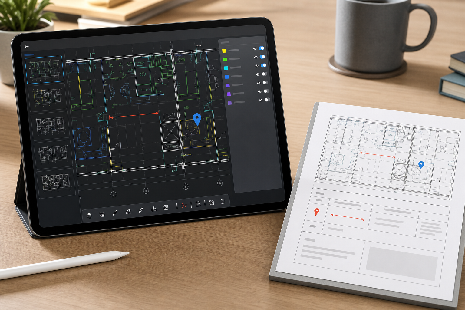 Share-output scene showing a reviewed DWG on iPad and a clean PDF handoff ready to send