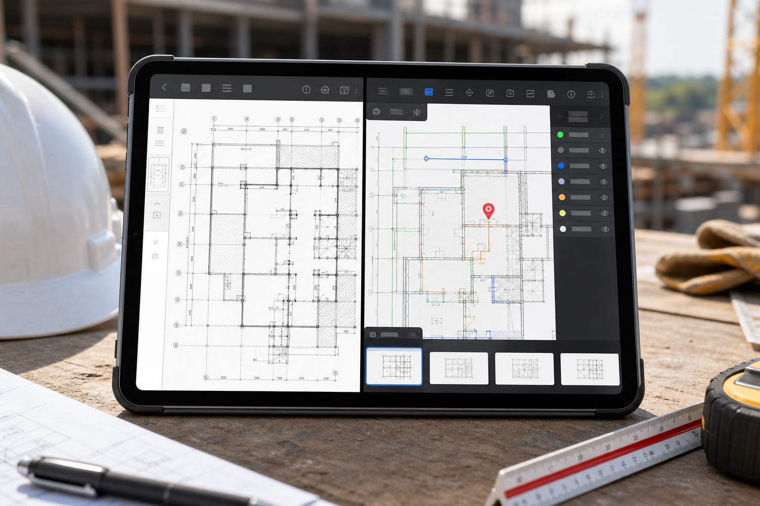 iPad comparison scene showing a flattened PDF plan on one side and a DWG review workspace with layouts, layers, and a measurement on the other