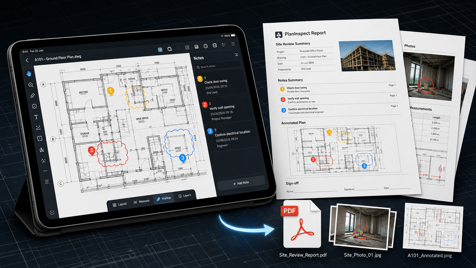 iPad DWG review flowing into a shareable PDF notes report and image exports