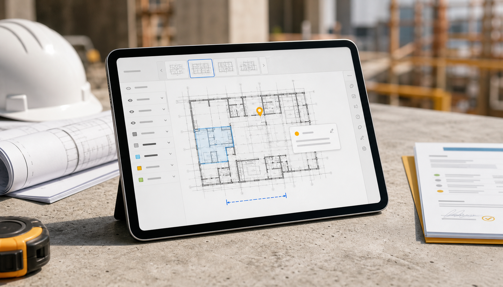 iPad showing a DWG review workflow with layout tabs, layer controls, note pins, and a report handoff