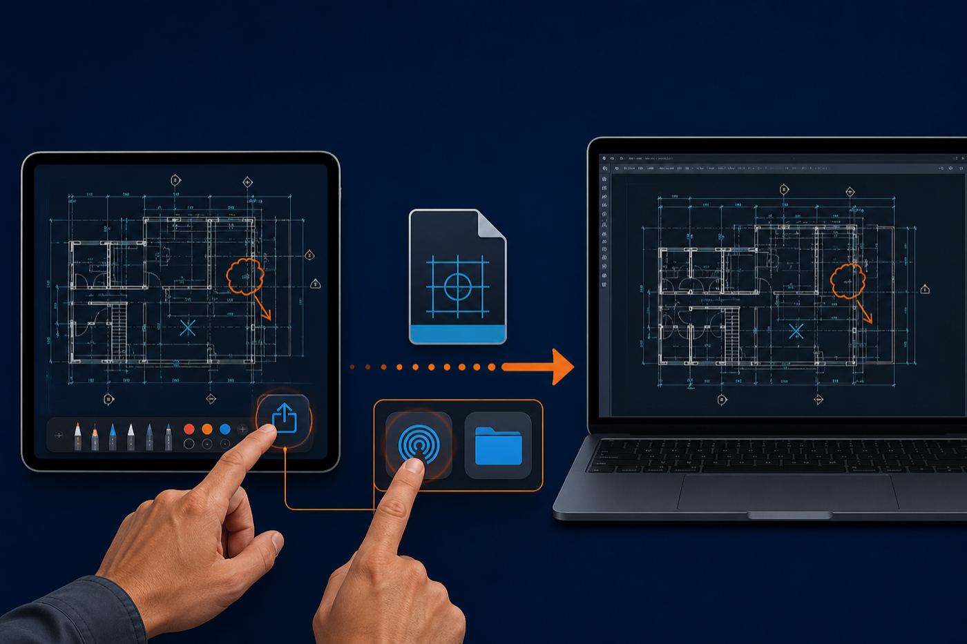 Reviewer deliberately sending a DWG review artifact from iPad to Mac using a file transfer action