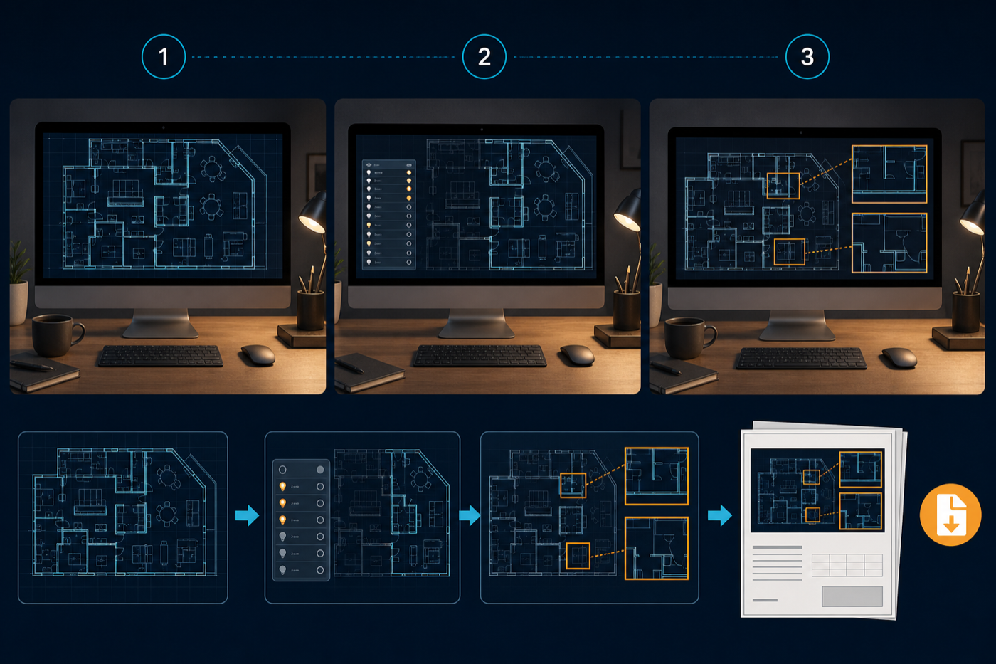 Mac desk review sequence showing a full DWG plan, layer cleanup, detailed area comparison, and export