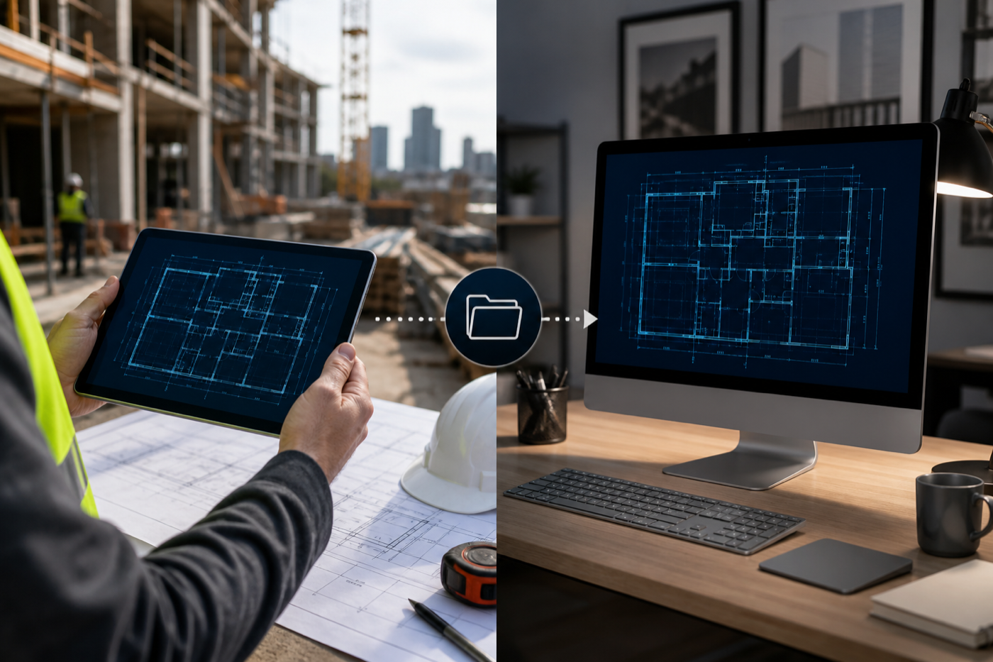 Construction reviewer using an iPad beside the site and a Mac at a desk for two stages of one DWG review workflow