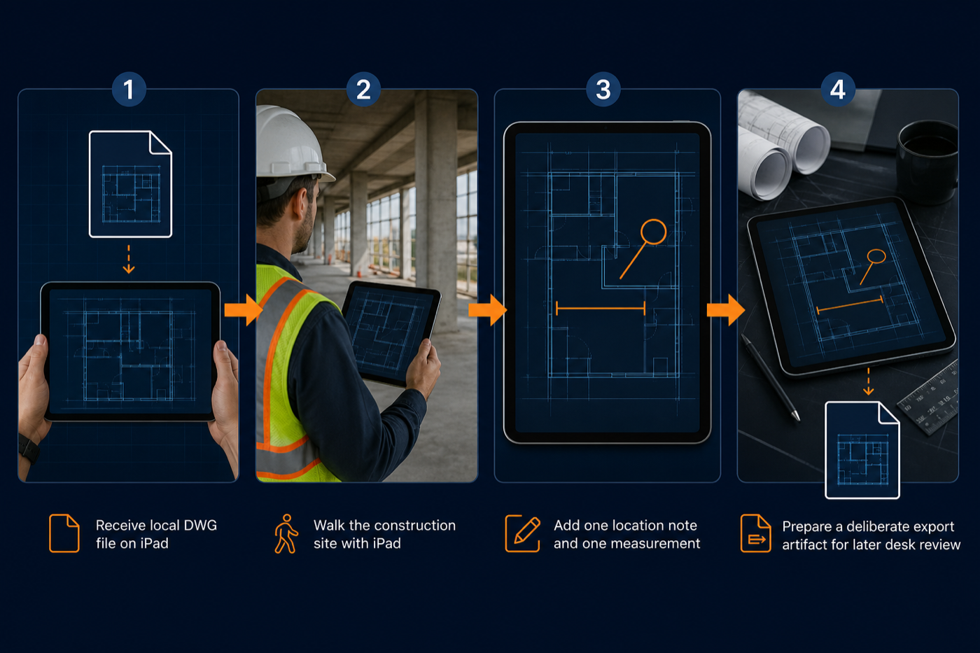 Four-stage iPad DWG workflow showing a local file, site walkthrough, location note and measurement, then a deliberate export