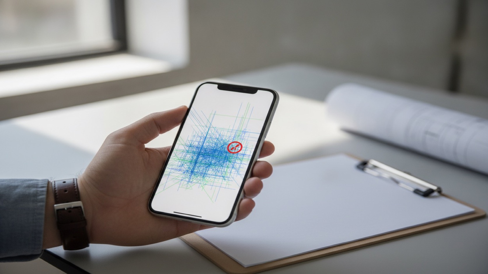 iPhone showing a simplified DWG detail and issue marker during a quick field check