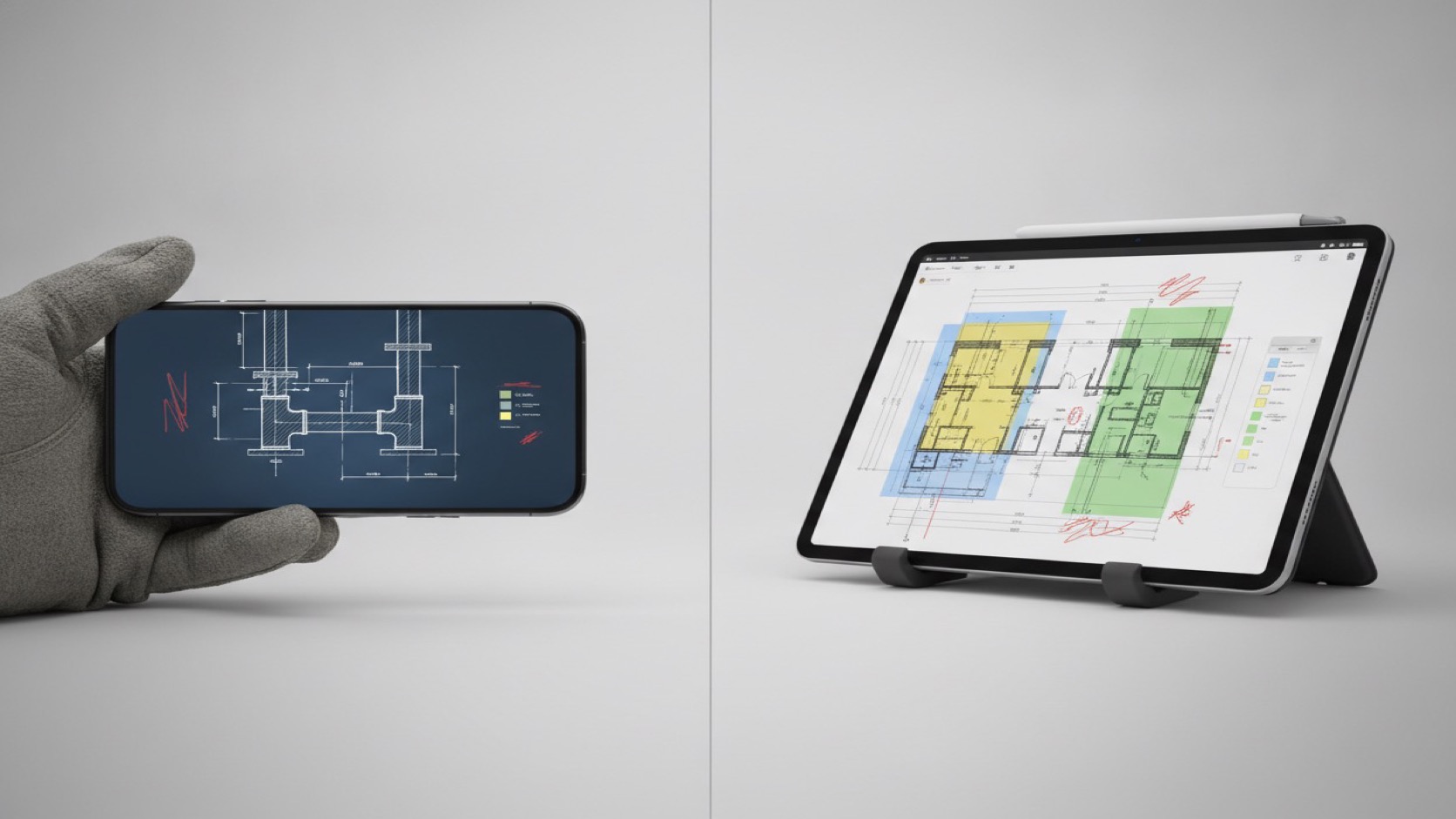 Comparison illustration showing quick DWG checks on iPhone and deeper layout review on iPad