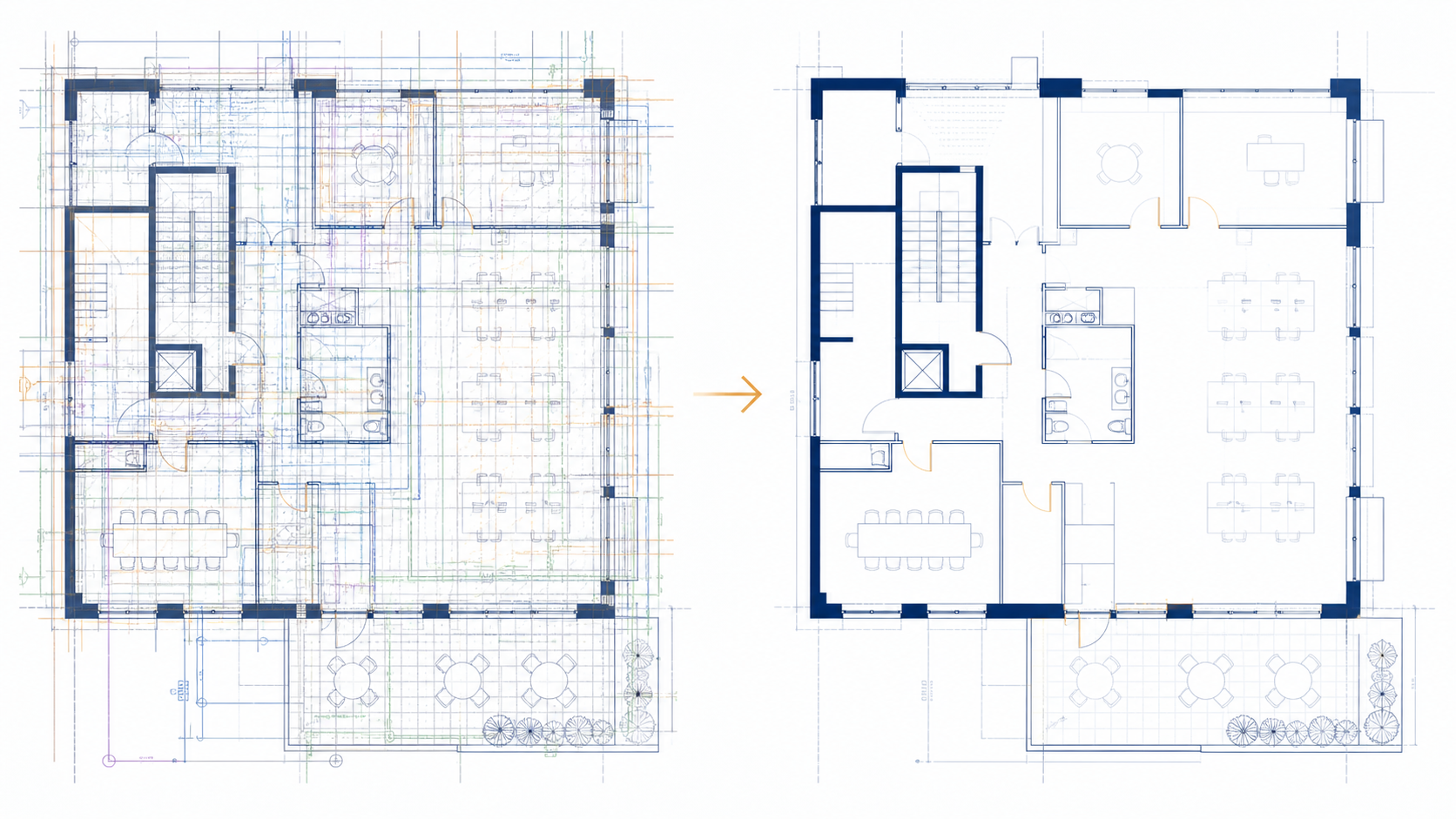 The same dense architectural drawing before and after nonessential plan context is reduced