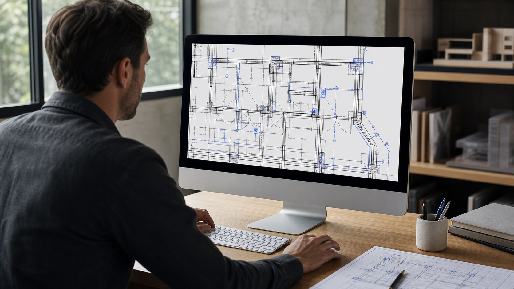 Architect reviewing one focused area of a dense floor plan on a Mac desktop