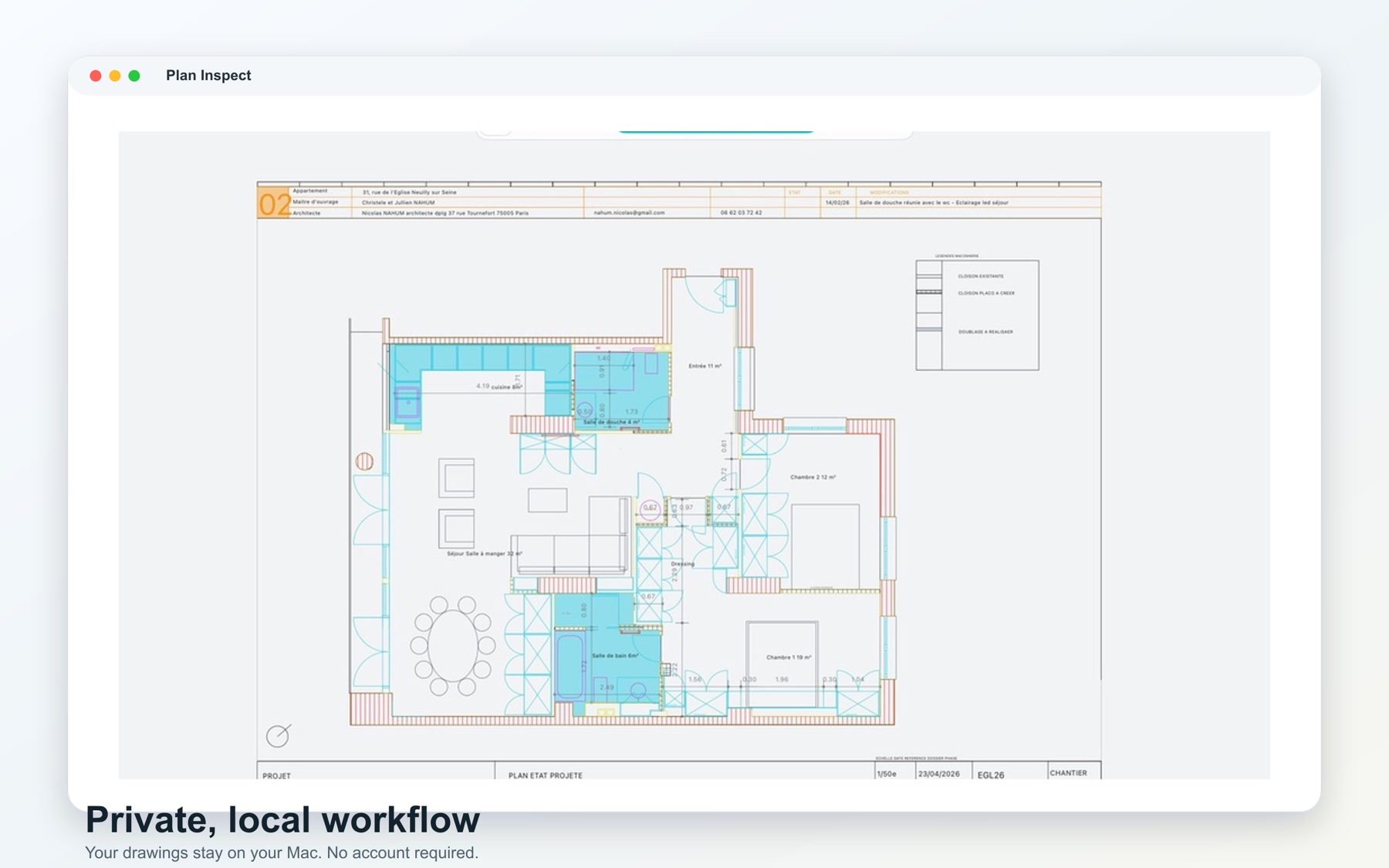 A native Mac DWG viewer showing a detailed floor plan and review controls