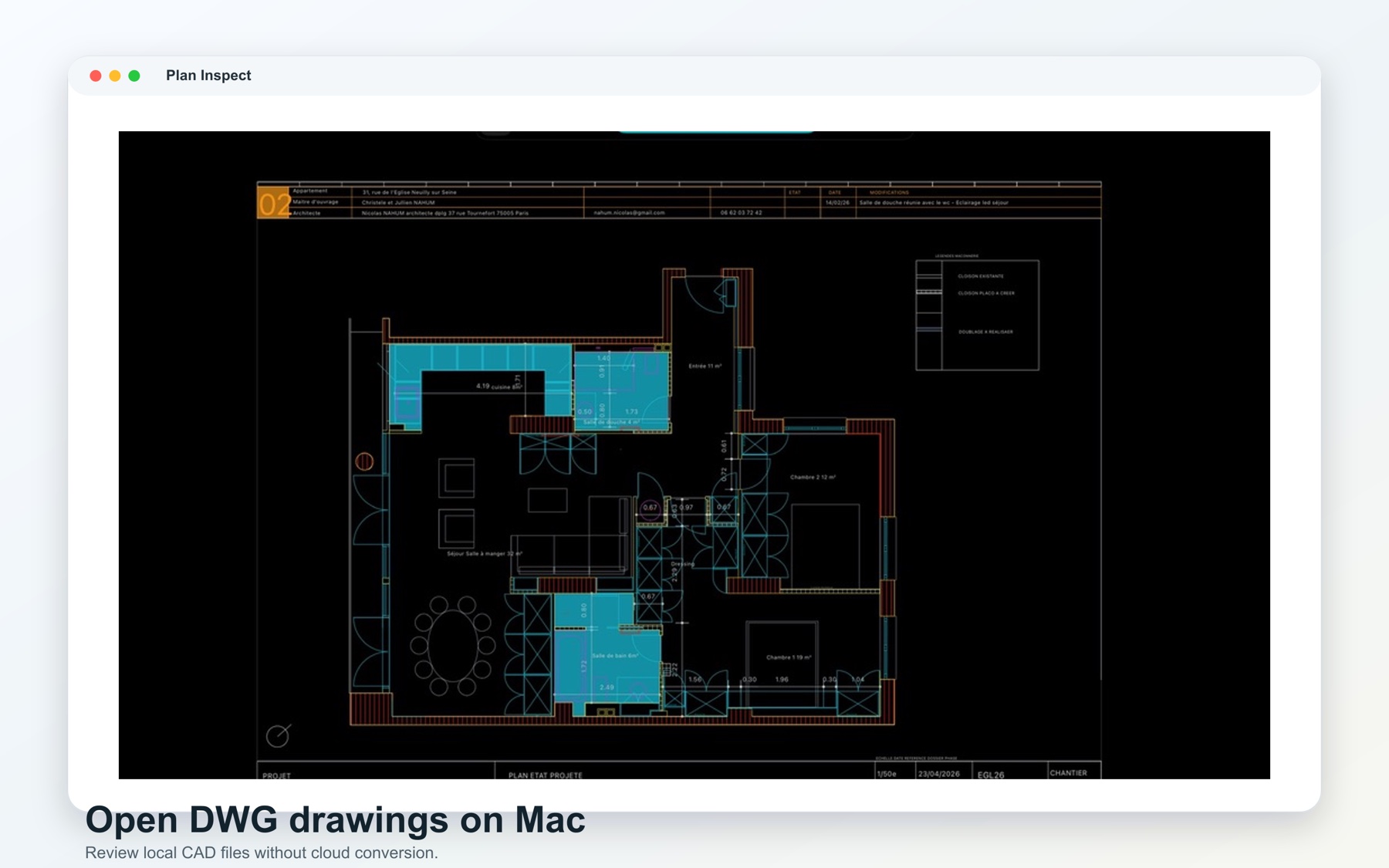 PlanInspect running on a Mac with a DWG floor plan open and the layer inspector visible