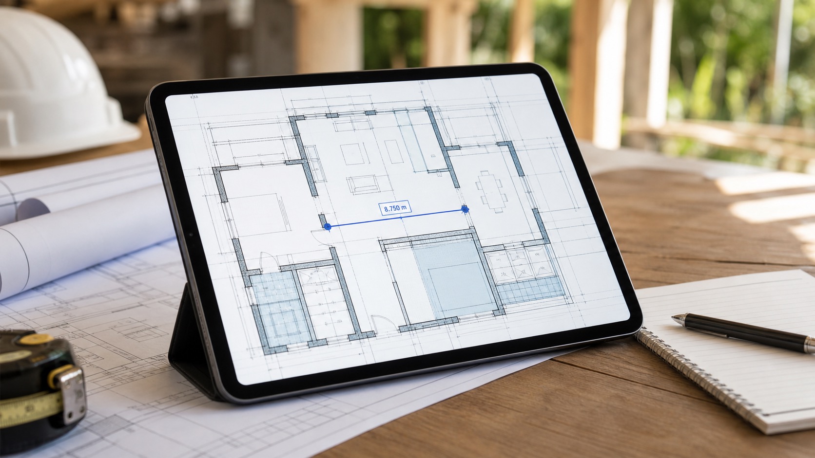 iPad showing a DWG floor plan with a highlighted distance measurement on a construction desk