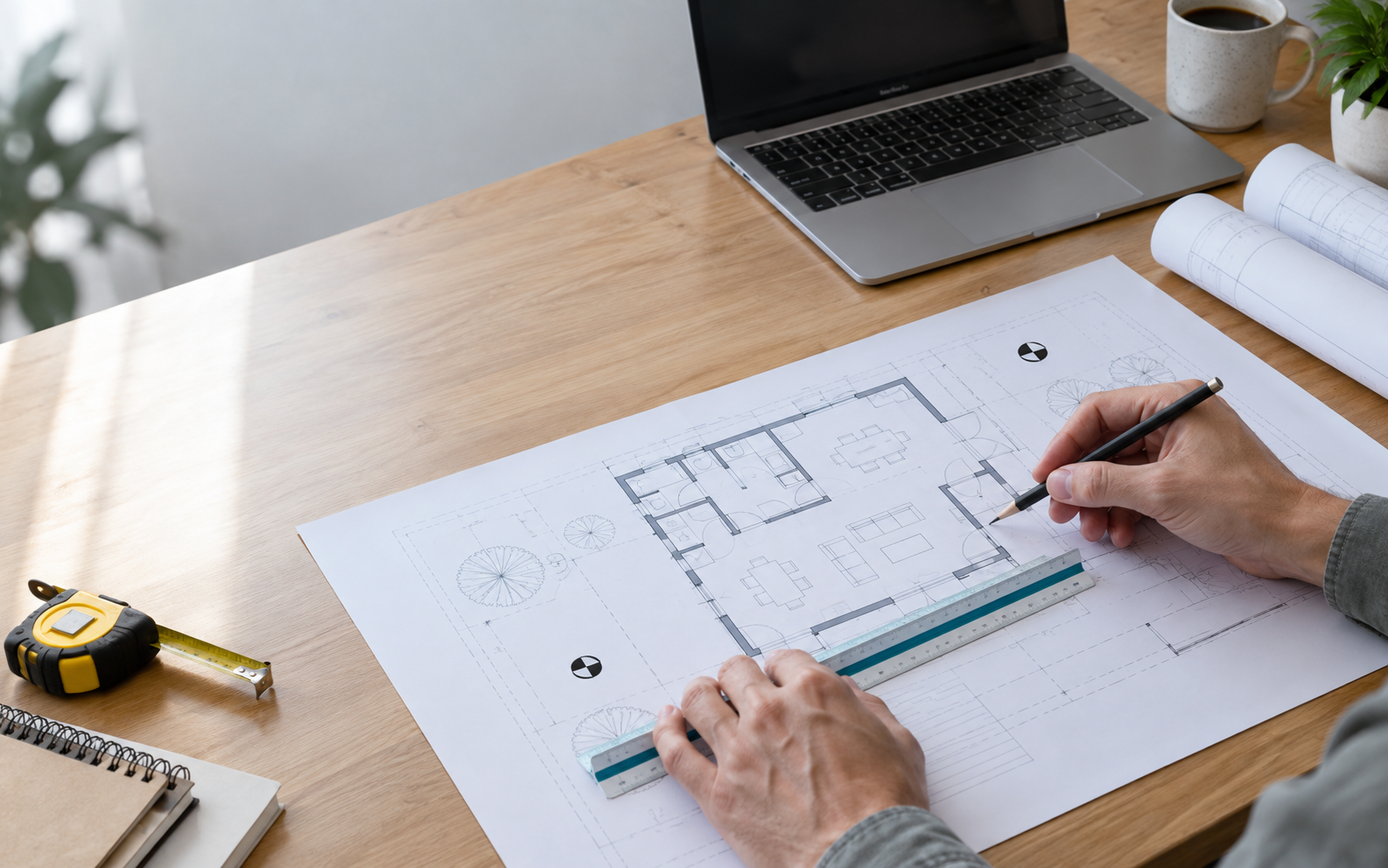Architect reviewing a printed PDF floor plan beside a MacBook, ruler, pencil, and tape measure
